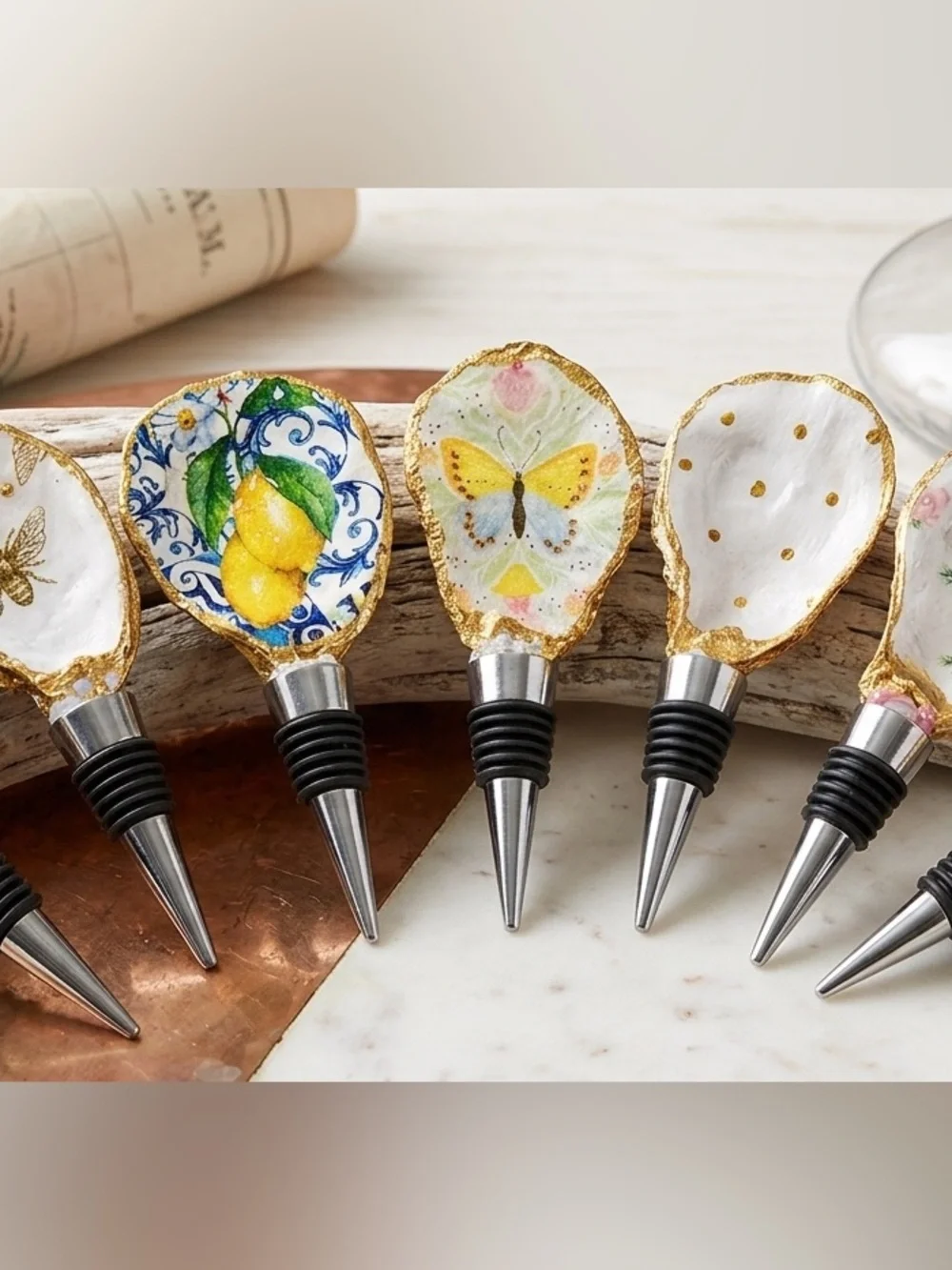 Hand-Painted Butterfly Oyster Wine Bottle Stopper – Yellow Accent